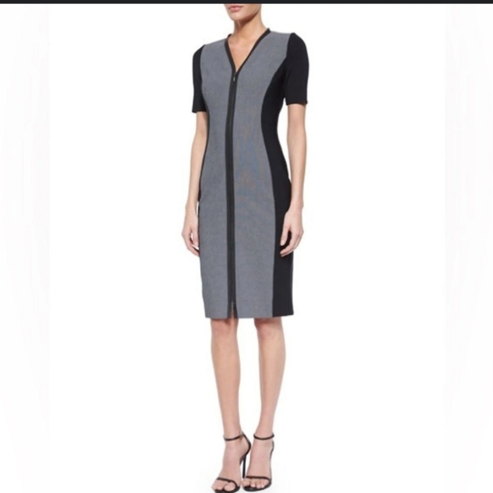 Elie Tahari Mila Black & Grey Short Sleeve Pencil Dress With Point Zipper